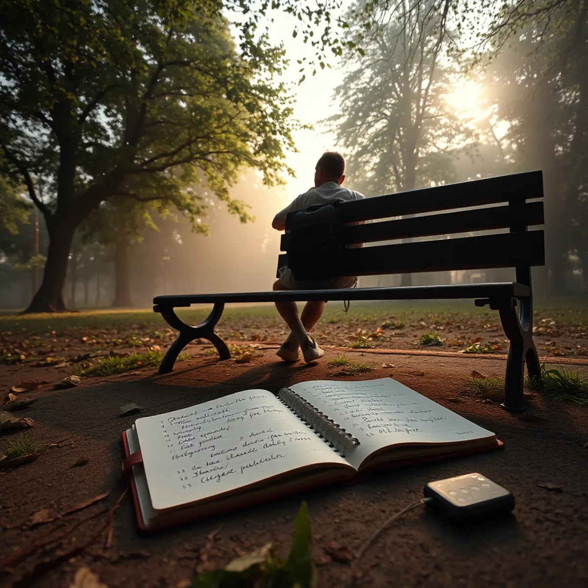 Ein Mann sitzt auf einer Bank im dichten Morgennebel eines Parks, vor sich ein Fremdsprachenheft geöffnet. Ein kleines Audiogerät und ein Smartphone liegen neben ihm, und man spürt die Atmosphäre eines täglichen, kleinen Lernens.