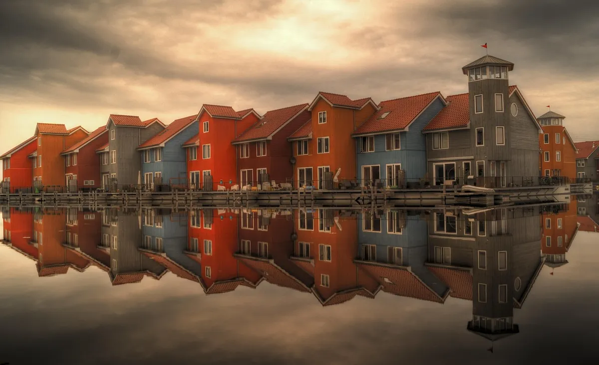 row houses, serial houses, houses, reflection, architecture, homes, residential, residential area, dutch, waterfront, apartments, reitdiephaven, groningen, neth