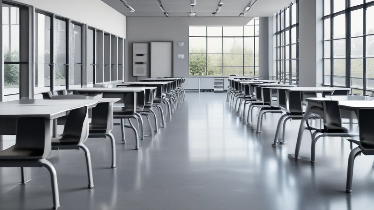 Classe moderna, mesas de aço e cadeiras de vinil branco sobre um piso de concreto cinza, luz de janela suave, profundidade de campo baixa, realismo fotográfico, foco neto, detalhes altos